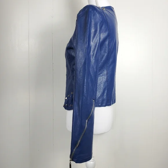 Moto biker blue studded faux leather coat size small - Picture 9 of 11